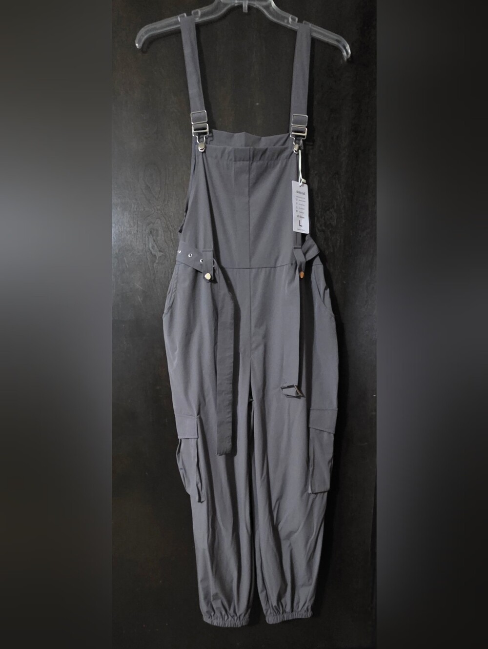 Utility-Style Gray Cargo Utility Jumpsuit Adjustable Straps And Belt Women Sz L